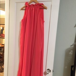 Coral ruffle neck maxi dress.